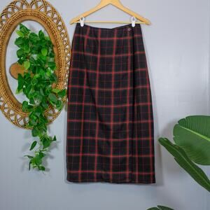 Vintage Red Black Plaid Midi Skirt Lined Wool Blend Button Waist | Dark Autumn